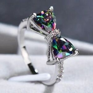 Multi Colored Inlaid Topaz Bow Designed Ring Size 8